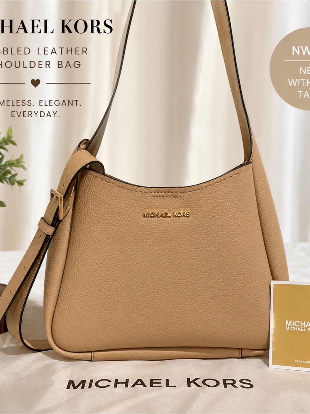 Michael Kors Pebbled Leather Shoulder Bag Crossbody Beige Tan NWOT